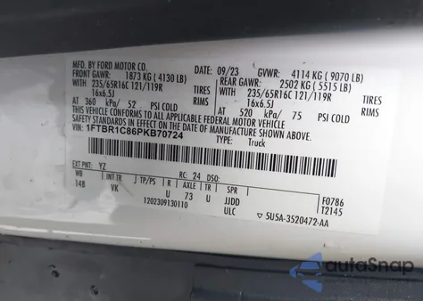 2023 Ford Transit-250 z USA, uszkodzony, nr VIN 1FTBR1C86PKB70724